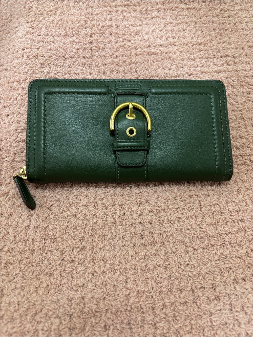 Coach Forest Green Leather Zip-Around Wallet with Gold Buckle